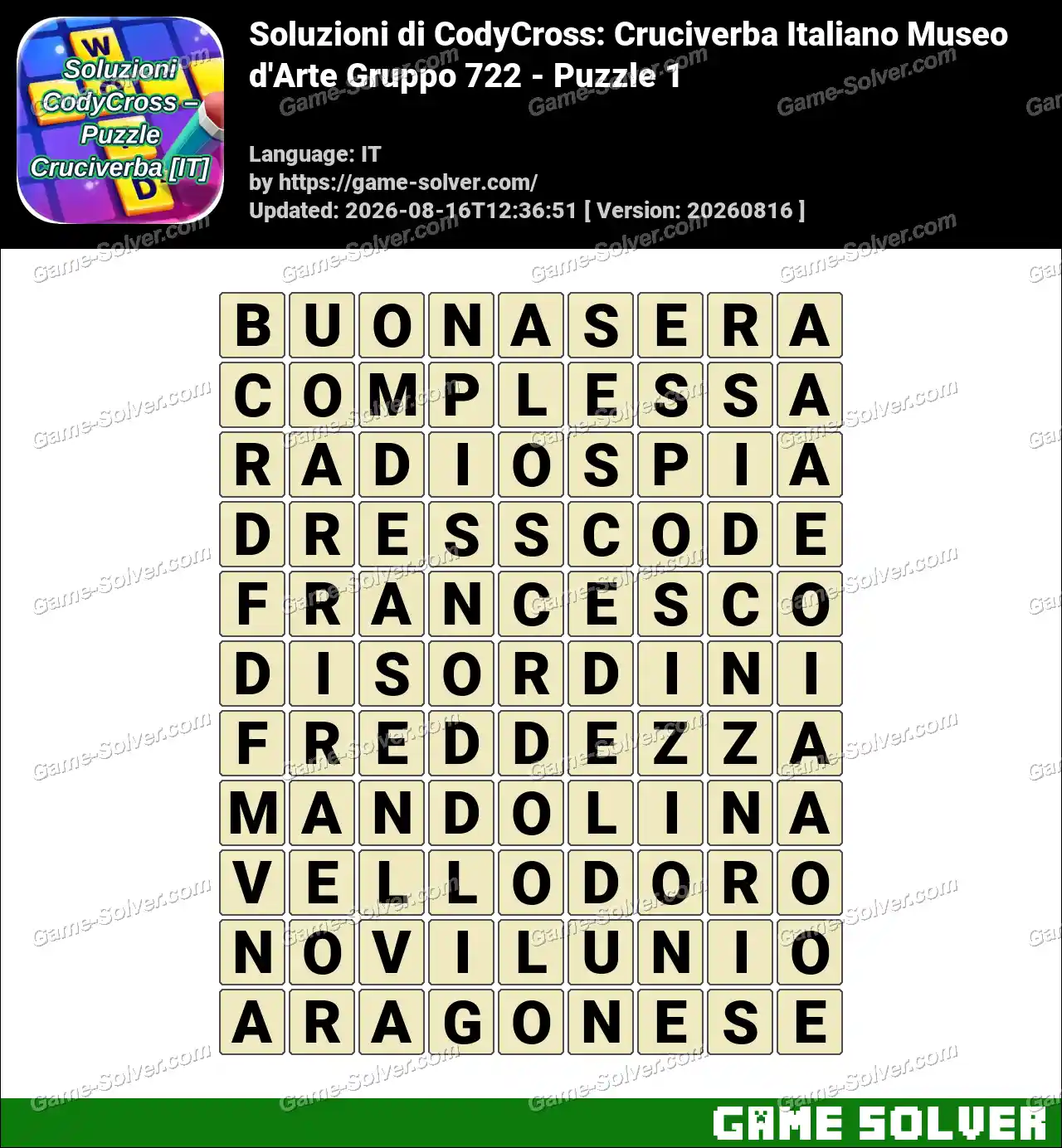 Soluzioni di CodyCross: Cruciverba Italiano Museo d’Arte Gruppo 722 – Puzzle 1